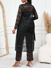 Black Lace Open-Front Long Jacket With Waist Belt & Lace Wide-Leg Pants Set